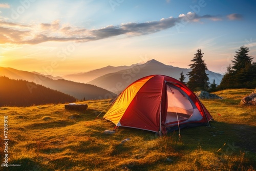 Colorful Camping tent in the mountains at sunset Beautiful summer landscape A luxury camping tent on a meadow for outdoor holidays, Ai generated