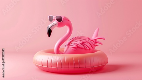 Illustrate a pink flamingo with sunglasses floating in an inflatable circle, embodying a summer minimal concept
