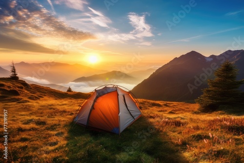 Colorful Camping tent  in the mountains at sunset Beautiful summer landscape A luxury camping tent on a meadow for outdoor holidays, Ai generated © Tanu