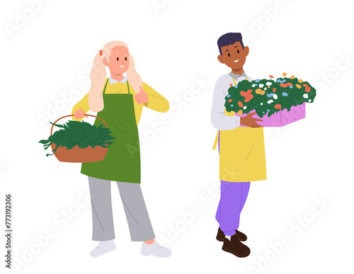 Happy children cartoon characters holding basket filled greenery and flower blossoms composition