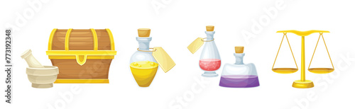 Magic Object and Element with Treasure Chest, Flask and Scales Vector Set
