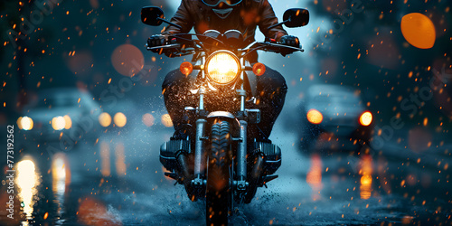 Motorcyclists drive their motorbikes in heavy rain, a motorbike rider in the city at night. 