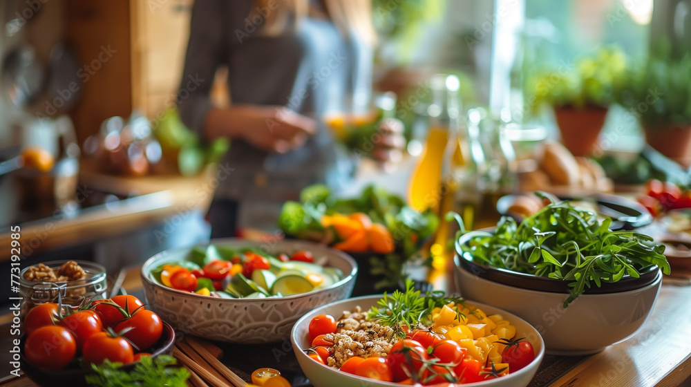 Woman preparing healthy salad in kitchen, healthy eating, vegetarian food, indoors, meal