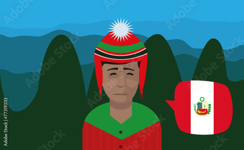 Homem com vestimentas típicas dos andes peruano. Peruano. Bandeira peruana. Incas. Cultura peruana (ID: 773193113)