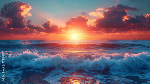Sunset over ocean, blue, sunrise, dawn, sunlight photo