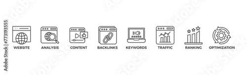 SEO banner web icon vector illustration concept for search engine optimization with icon of website, analysis, content, backlinks, keywords, traffic, ranking, and optimization