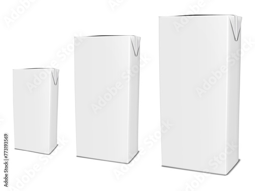 Realistic white blank brick shaped carton different sizes. Vector mockup set. Paperboard box for milk, juice or other food product mock-up. Template for packaging design photo
