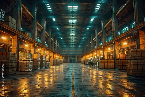 Interior of a large logistics center warehouse photo