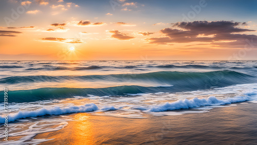 The sunrise scenery on the sea, beautiful evening sunset and waves