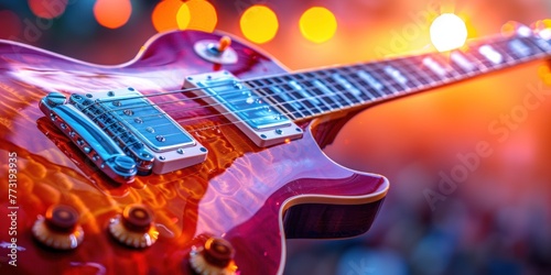A red electric guitar is placed on top of a table