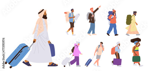 People cartoon characters migrants, refugees, travelers cartoon characters walking with luggage bag