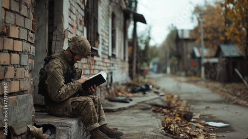 Soldado sentado na rua lendo a bíblia  photo