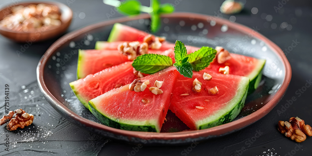 Pieces of watermelon in tray on a wooden table close up
