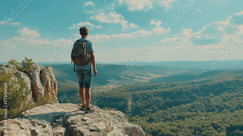 Homem com mochila nas costas nas montanhas olhando uma linda paisagem photo