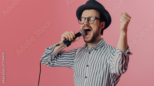 Homem cantando segurando um microfone no fundo rosa