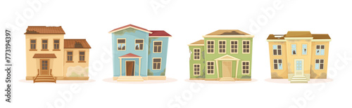 Ruined House and Abandoned Building in Bad Condition Vector Set