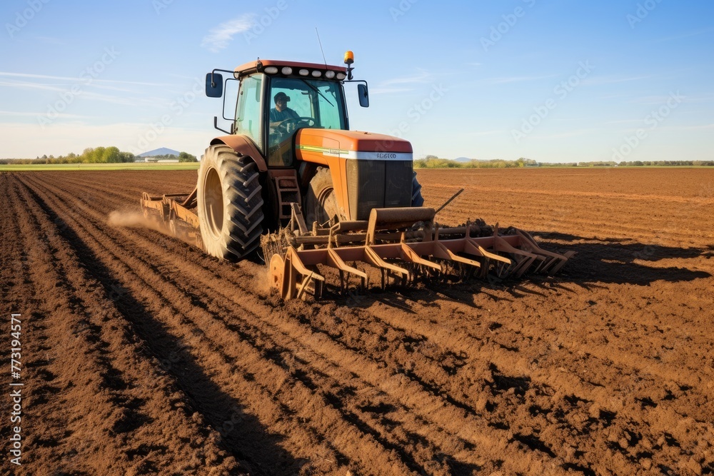 Fototapeta premium Cultivator Application of manure on arable farmland, Tractor preparing land for sowing with a seedbed , Ai generated