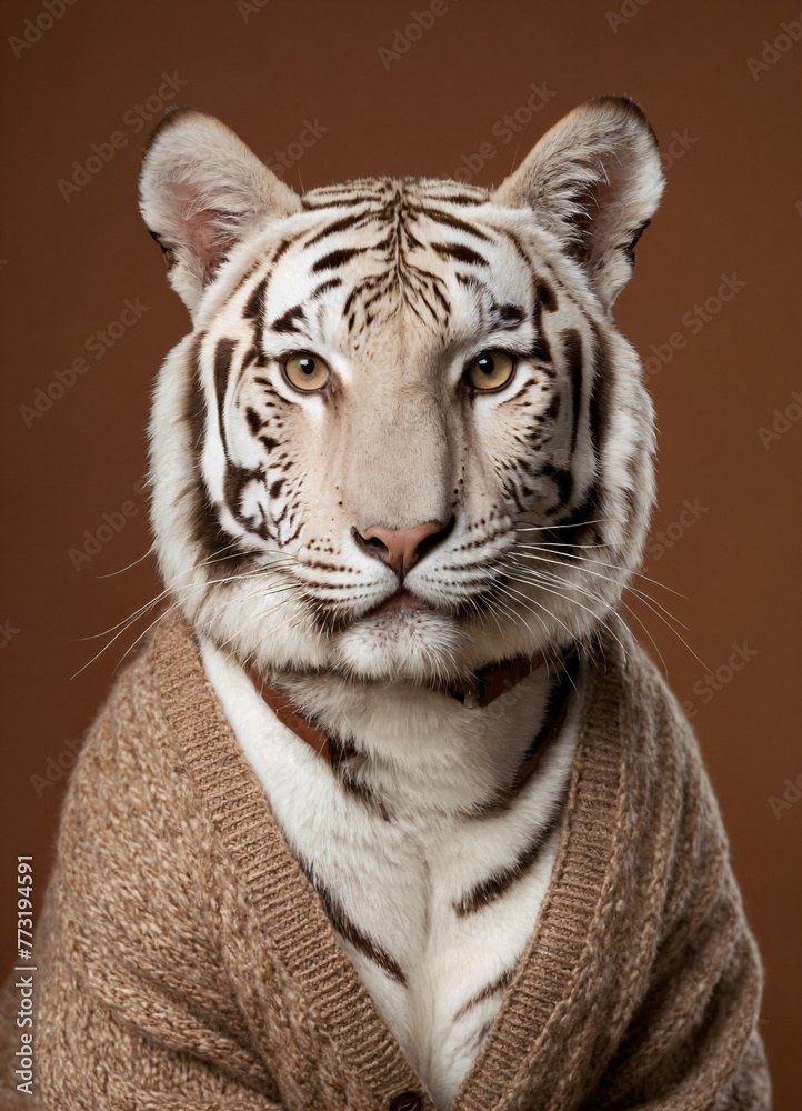 Portrait of a White bengal tiger who is dressed in a cardigan and shirt for a photo shoot on a chestnut, brown and gray plain background. Portrait of a White bengal tiger who is dressed in a cardigan and shirt for a photo shoot on a chestnut, brown and gray plain background.