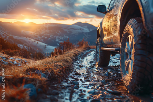 Adventurous SUV navigating through snowy mountain terrain at sunrise, illustrating the thrill and freedom of exploration. photo