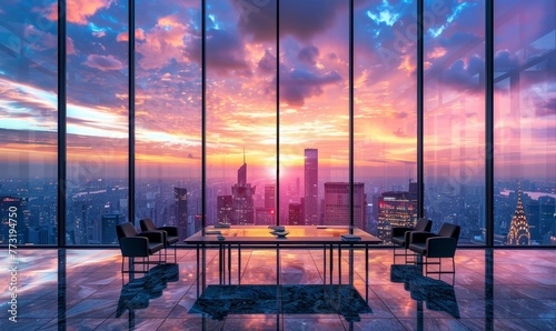 High-rise corporate meeting room, modern furniture with panoramic views of skyscrapers against a vivid sky