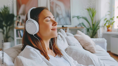 Young woman listening to music while resting on couch at home