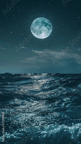 Moonlight reflects on the water as a full moon rises over the ocean at night. Generative AI