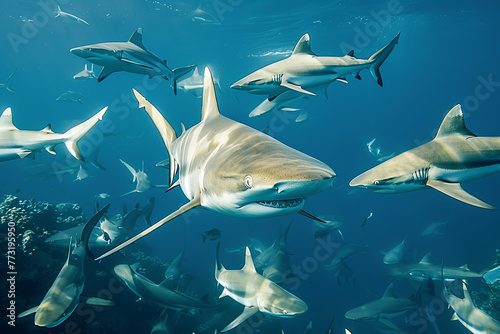 Black tip sharks (Carcharhinus limbatus) circling divers in the Indian Ocean
 photo