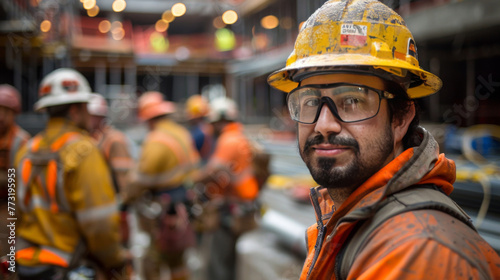 Close-up of a smiling construction worker with a helmet and safety goggles at a bustling construction site.