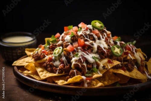 Exquisite nachos on a rustic plate against a leather background