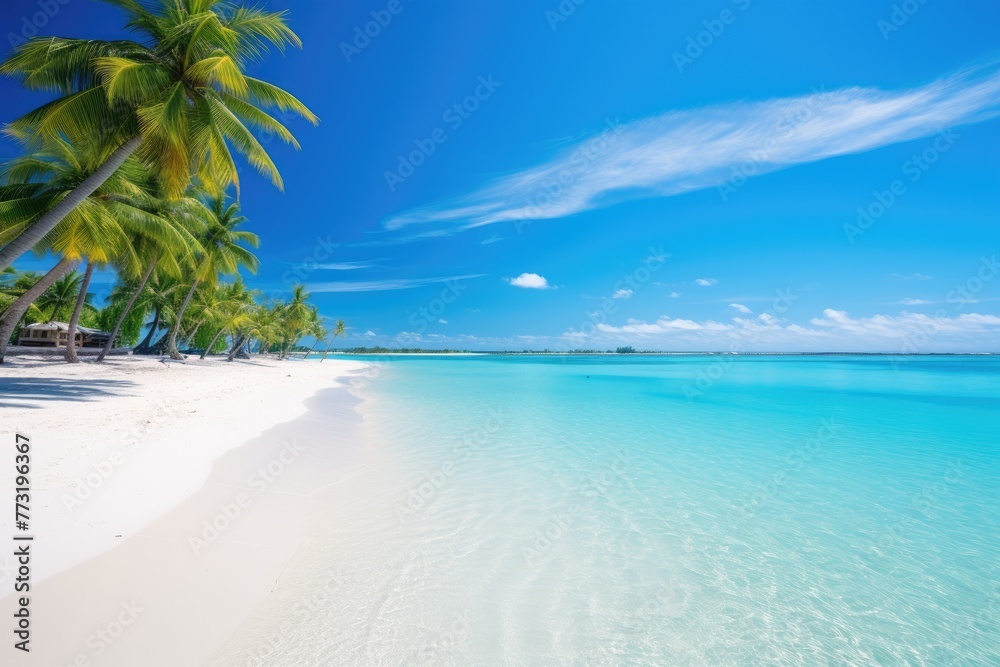 Naklejka premium Beautiful tropical beach with few palm trees and blue lagoon Amazing white beaches of Mauritius island, AI generated