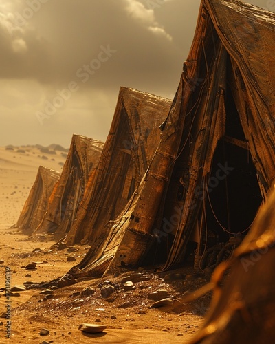 Civilization Outcasts, Tattered Cloaks, Resourceful scavengers, Creating makeshift shelters on Mars surface, Golden Hour, Photography, Sunlight, Vignette photo