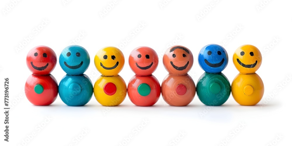 Cheery wooden smiley face balls in vibrant primary colors arranged in a playful display representing positive emotions connection and friendly Cheery wooden smiley face balls in vibrant primary colors arranged in a playful display representing positive emotions connection and friendly