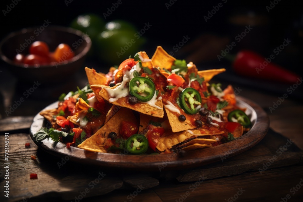 Exquisite nachos on a rustic plate against a leather background Exquisite nachos on a rustic plate against a leather background