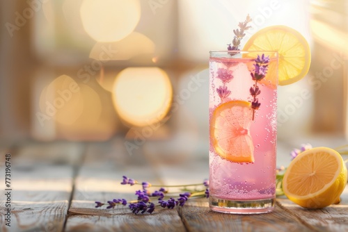 pink lavender lemonade with a slice of lemon, Provence style, space for text
