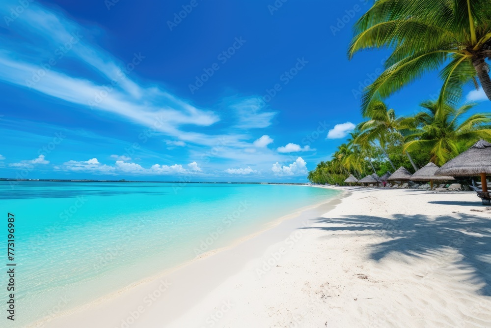Fototapeta premium Beautiful tropical beach with few palm trees and blue lagoon Amazing white beaches of Mauritius island, AI generated