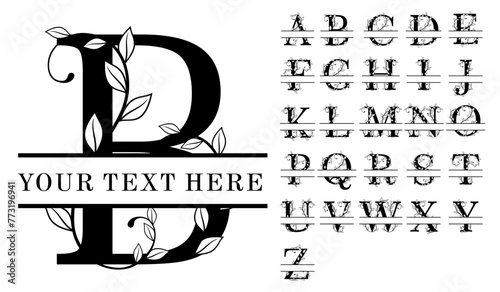 Leaves Split Alphabet Monogram Letters A-Z, Split Letter, Split Font	