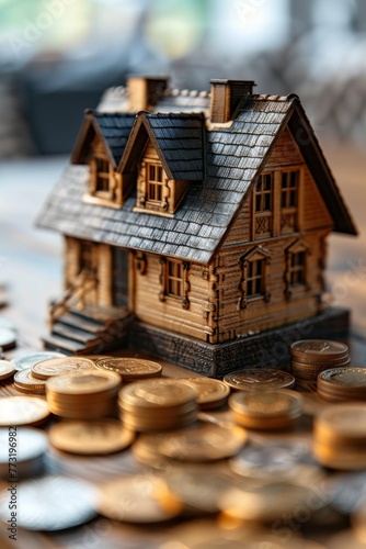 Wooden houses and money coins nearby, home selling and home insurance concept, buying and selling a house, renting a house, selective focus