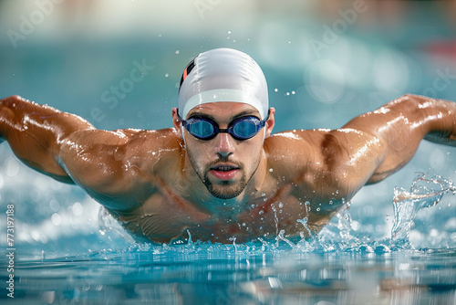Swimming man. Male Swimmer athlete doing butterfly swim stroke. Male sport fitness man wearing swimming goggles and swim cap training hard in outdoor pool © Fabio