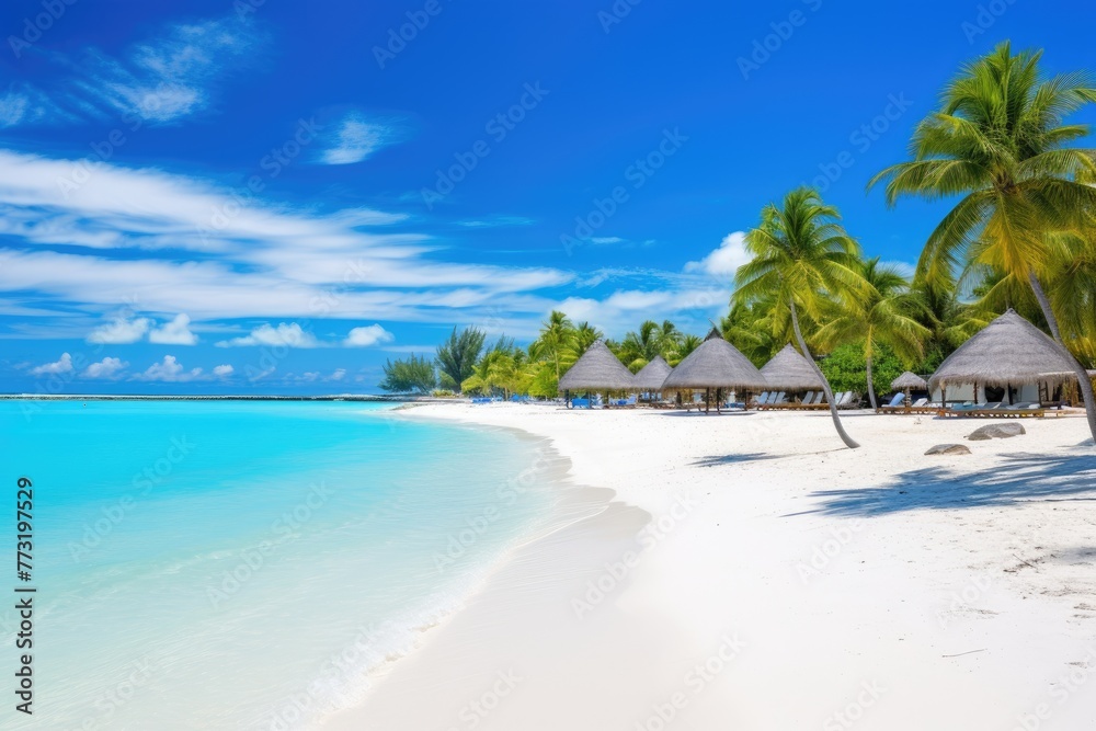 Beautiful tropical beach  with few palm trees and blue lagoon Amazing white beaches of Mauritius island, AI generated