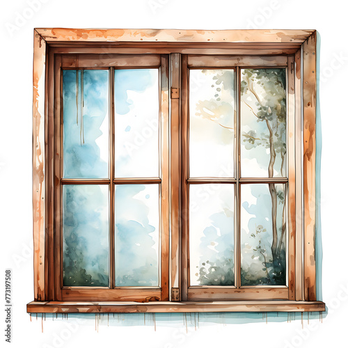 watercolor drawing of a window in bloom on a white and transparent background  vintage window.