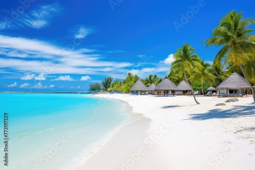 Beautiful tropical beach  with few palm trees and blue lagoon Amazing white beaches of Mauritius island, AI generated © Tanu