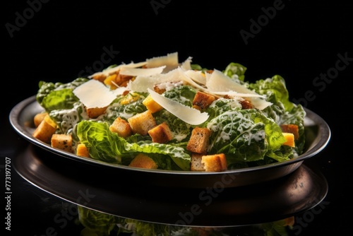 Exquisite caesar salad on a metal tray against a granite background