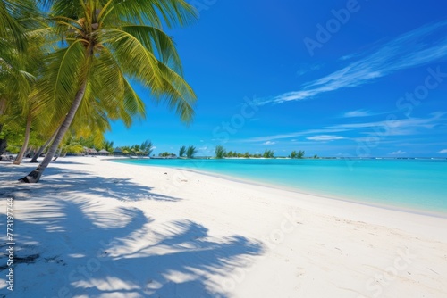 Beautiful tropical beach with few palm trees and blue lagoon Amazing white beaches of Mauritius island, AI generated