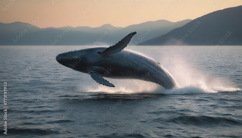 Fototapeta premium a big blue whale underwater. a whale in the open ocean, the largest mammal in the world. The whale is swimming underwater