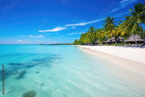 Beautiful tropical beach  with few palm trees and blue lagoon Amazing white beaches of Mauritius island  AI generated