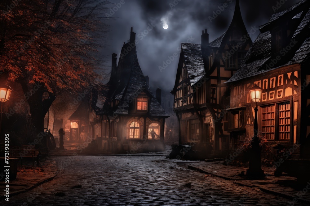 A dark, eerie scene of a town at night with houses and a church
