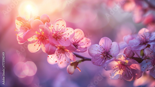 Warm sunlight bathing delicate cherry blossoms in a soft glow.