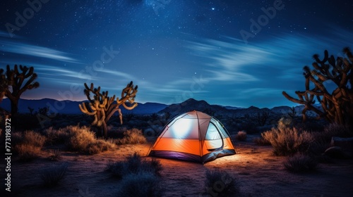 A small orange tent is set up in the desert at night