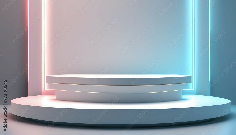 Beautiful futuristic background for presentation with modern podium, textured white wall and neon backlight. Beautiful futuristic background for presentation with modern podium, textured white wall and neon backlight.