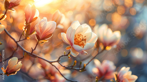 Sunset casting a golden glow over white magnolia flowers.